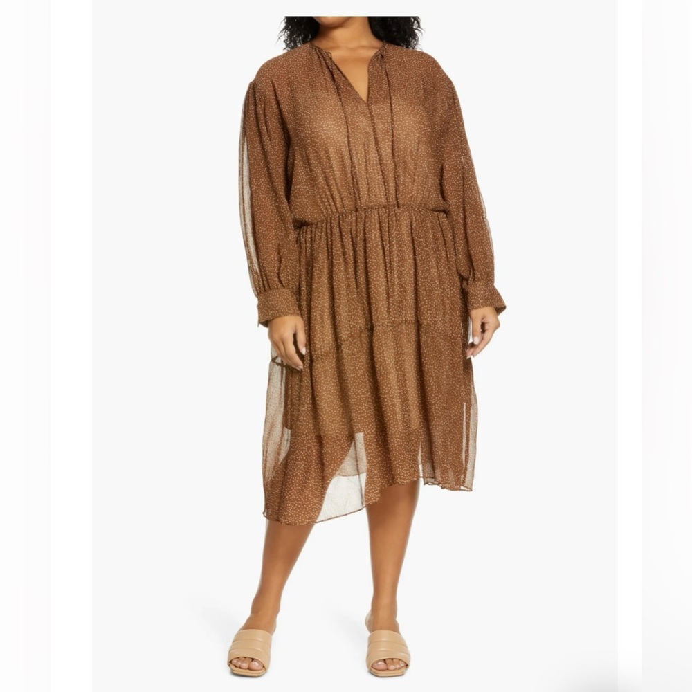 Vince Starry Dot Long Sleeve Shirred Brown White Plus Size Dress Size 3XL NWT